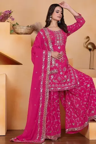 Pink color faux georgette embroidery work wedding wear plazo set