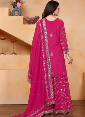 Pink color faux georgette embroidery work wedding wear plazo set 4