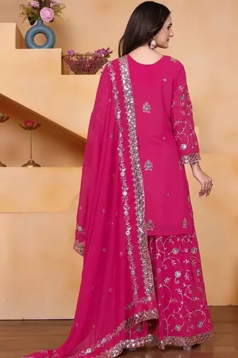 Pink color faux georgette embroidery work wedding wear plazo set