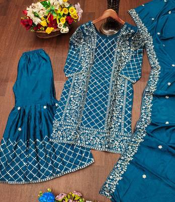 Teal color chinnon silk embroidery work sharara set 4