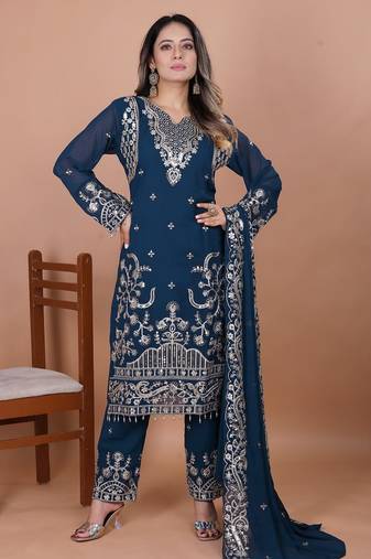 Blue faux georgette embroidery work salwar suit