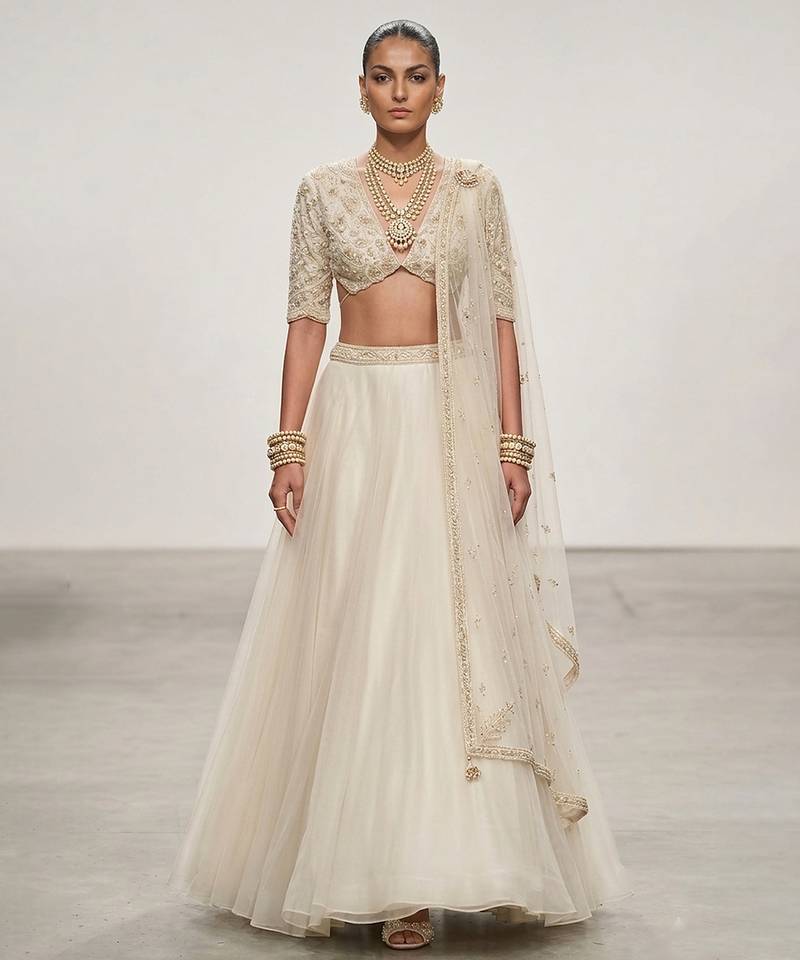 Ivory Embroidered Organza Lehenga Set