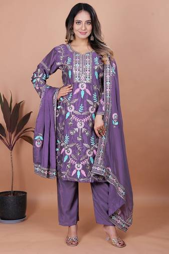 Lavender chinnon embroidery work party wear salwar suit