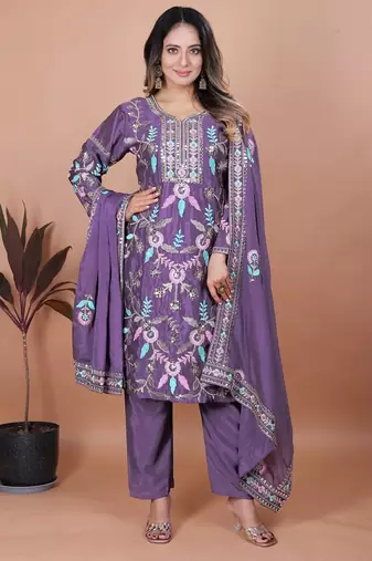 Lavender chinnon embroidery work party wear salwar suit
