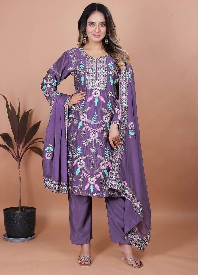 Lavender chinnon embroidery work party wear salwar suit