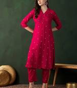 Pink floral printed v-neck straight kurta with trousers