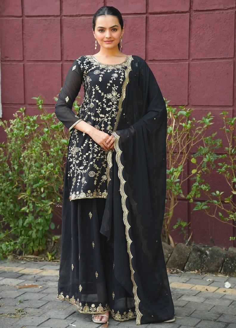 Black color faux georgette embroidery work wedding wear plazo set
