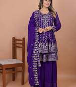 Purple color faux georgette embroidery work wedding wear plazo set