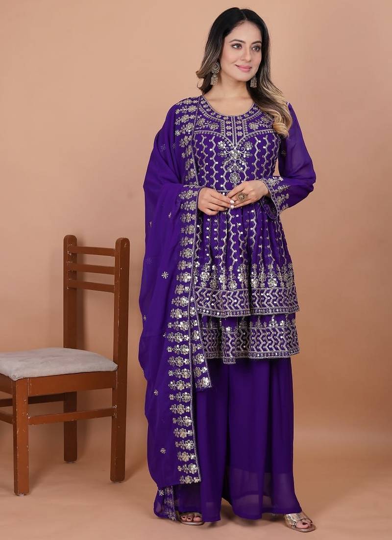 Purple color faux georgette embroidery work wedding wear plazo set