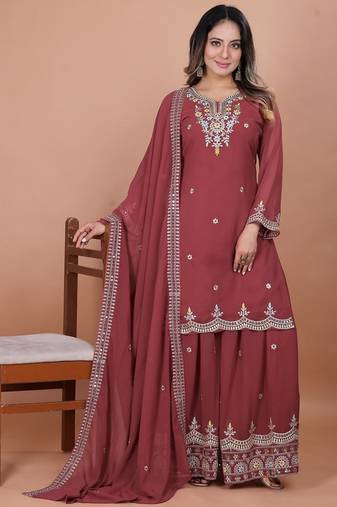 Brown color faux georgette embroidery work wedding wear plazo set