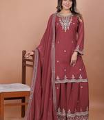 Brown color faux georgette embroidery work wedding wear plazo set