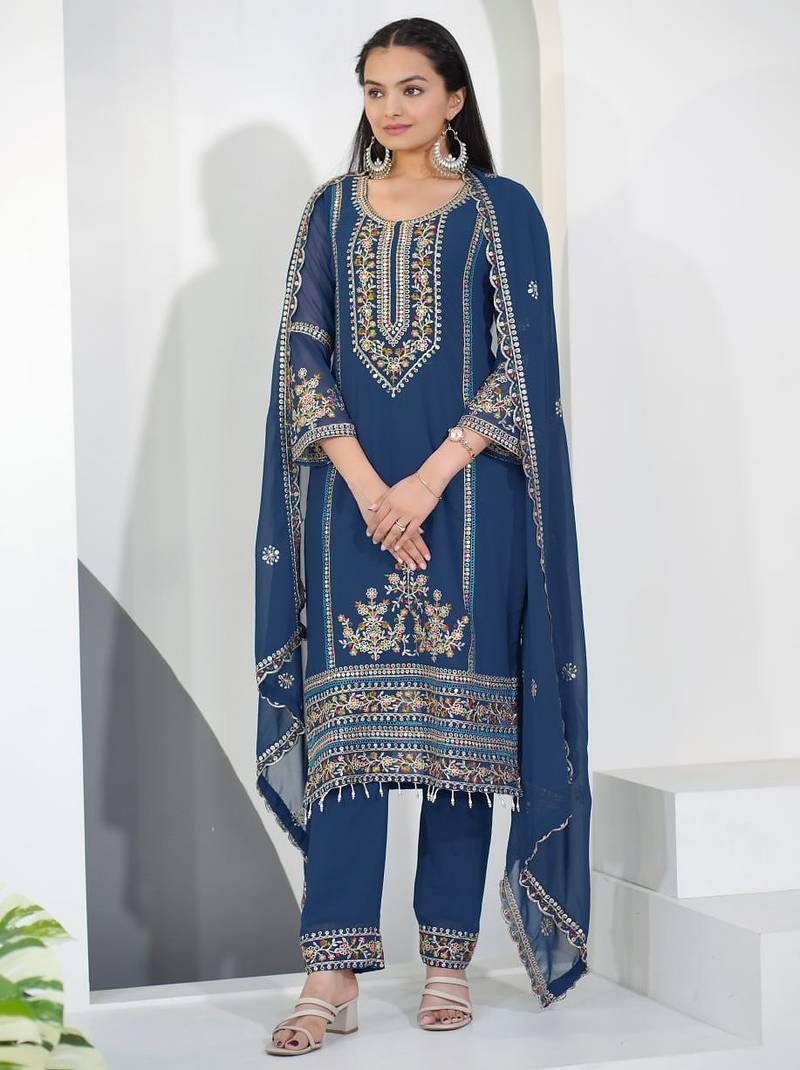 Blue color faux georgette embrodiery work party wear salwar suit