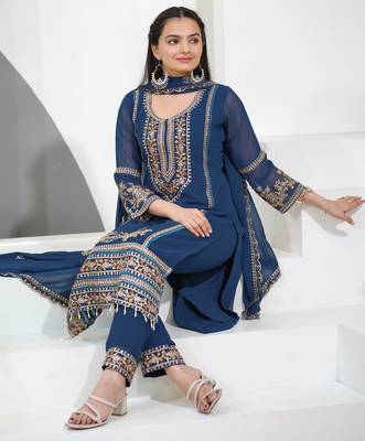 Blue color faux georgette embrodiery work party wear salwar suit 3
