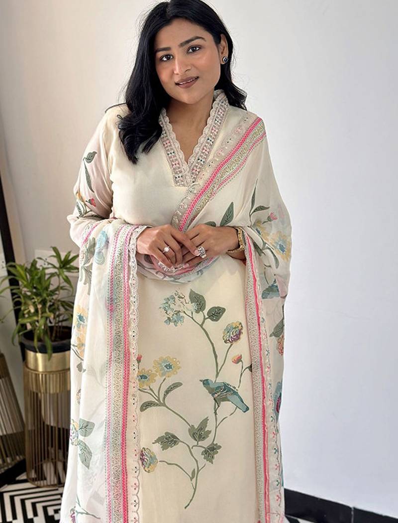 Floral printed thread work kurta with trouser & dupatta