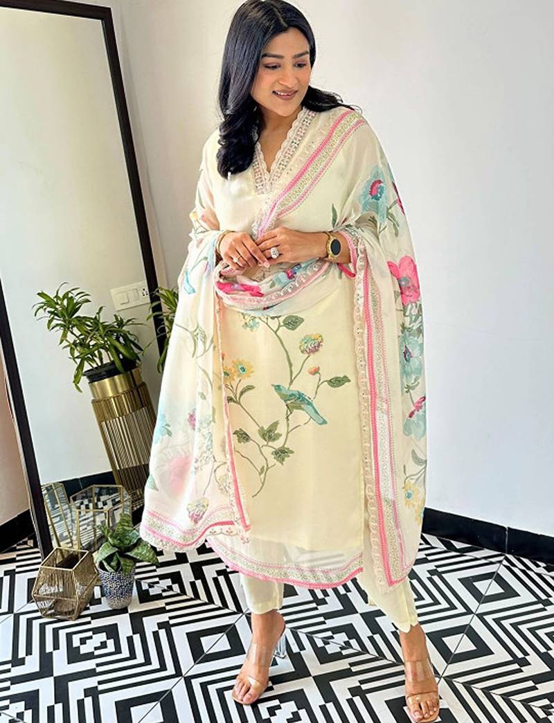 Floral printed thread work kurta with trouser & dupatta