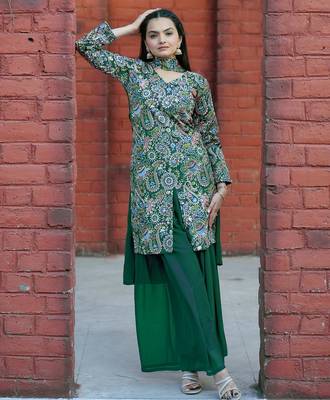 Green color tapeta silk embroidery work party wear plazo set 1