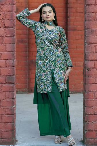 Green color tapeta silk embroidery work party wear plazo set