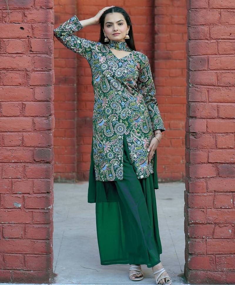 Green color tapeta silk embroidery work party wear plazo set