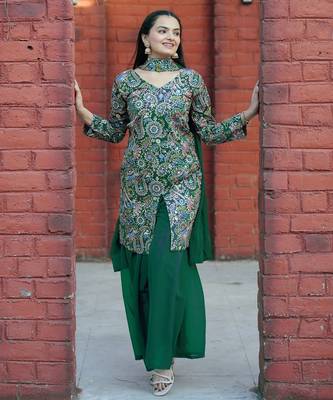 Green color tapeta silk embroidery work party wear plazo set 2