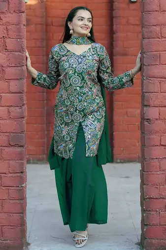 Green color tapeta silk embroidery work party wear plazo set