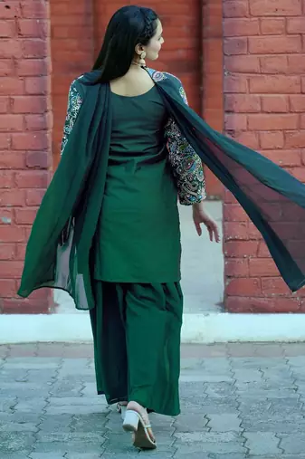 Green color tapeta silk embroidery work party wear plazo set