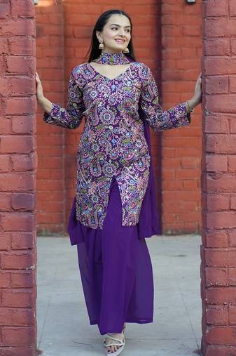 Purple color tapeta silk embroidery work party wear plazo set