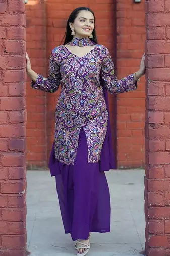 Purple color tapeta silk embroidery work party wear plazo set