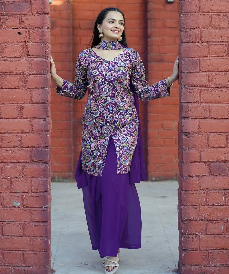 Purple color tapeta silk embroidery work party wear plazo set