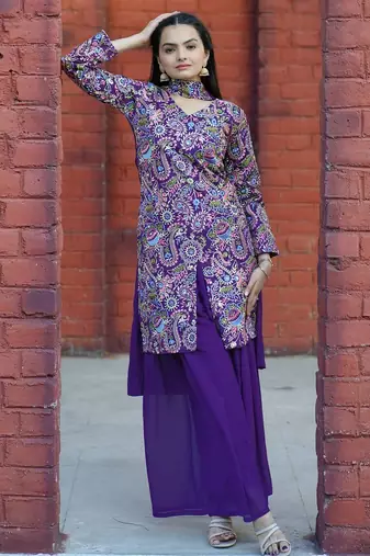 Purple color tapeta silk embroidery work party wear plazo set