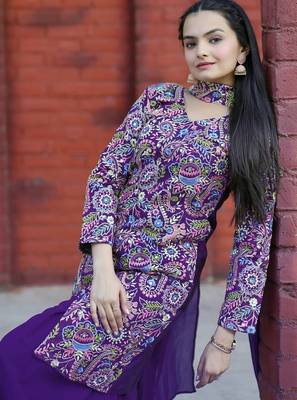 Purple color tapeta silk embroidery work party wear plazo set 3