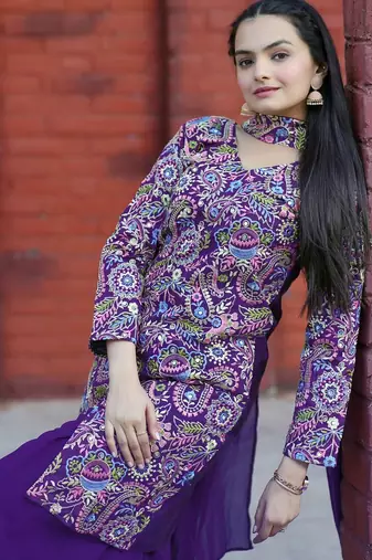 Purple color tapeta silk embroidery work party wear plazo set