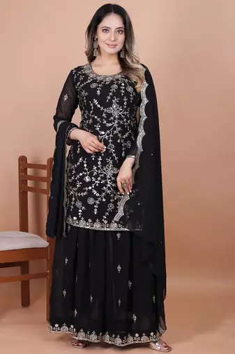 Black color faux georgette embroidery work wedding wear plazo set