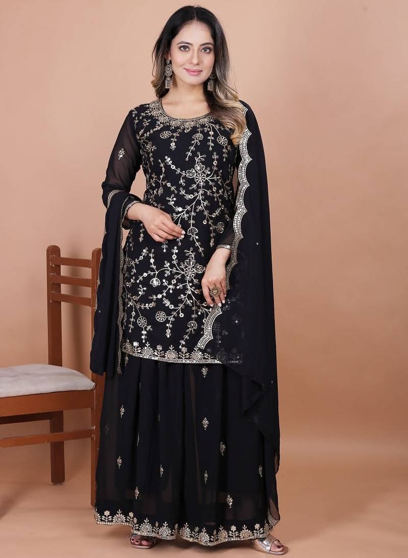 Black color faux georgette embroidery work wedding wear plazo set