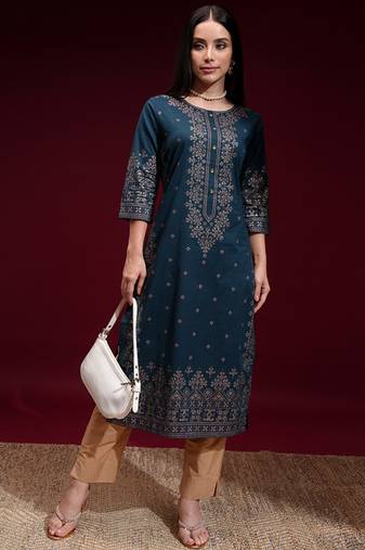 Navy blue printed a-line kurta