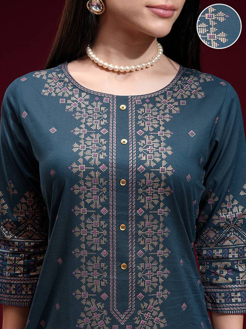 Navy blue printed a-line kurta