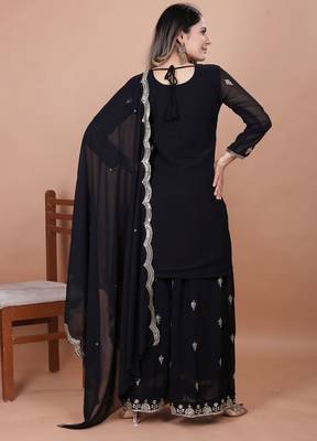 Black color faux georgette embroidery work wedding wear plazo set 3