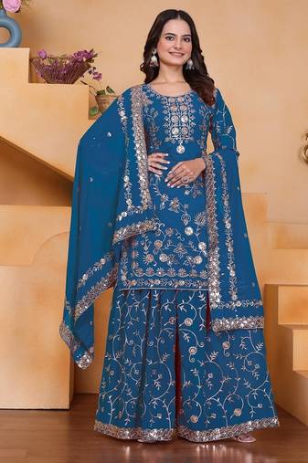 Blue color faux georgette embroidery work wedding wear plazo set