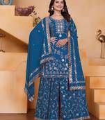 Blue color faux georgette embroidery work wedding wear plazo set