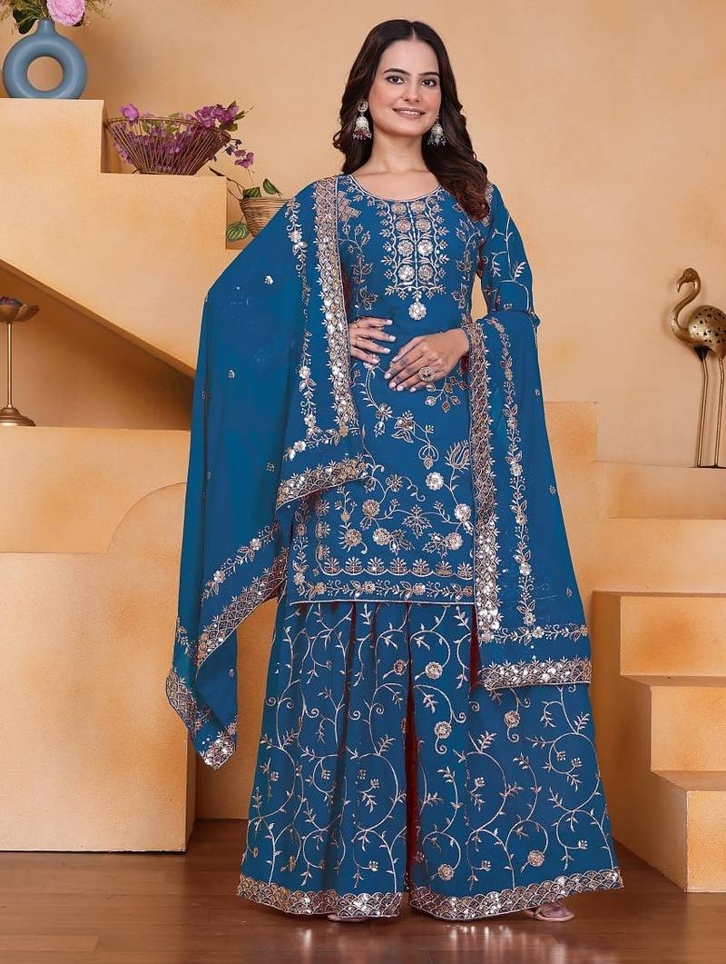 Blue color faux georgette embroidery work wedding wear plazo set