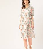 White & peach-coloured ethnic motifs printed pure cotton kurta