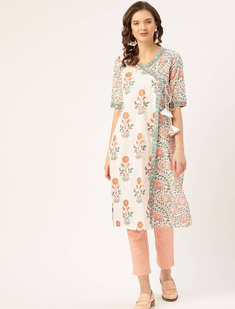 White & peach-coloured ethnic motifs printed pure cotton kurta