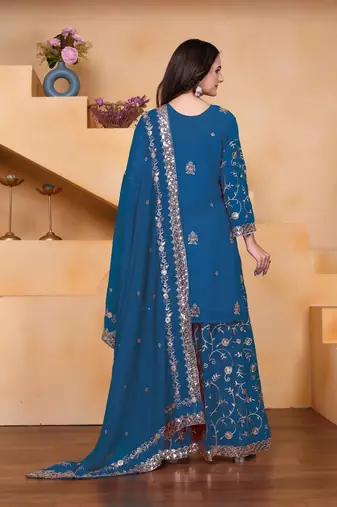 Blue color faux georgette embroidery work wedding wear plazo set
