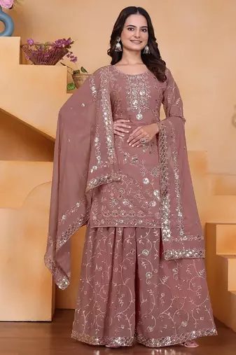 Onion color faux georgette embroidery work wedding wear plazo set