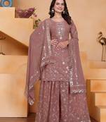Onion color faux georgette embroidery work wedding wear plazo set