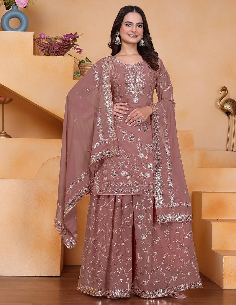 Onion color faux georgette embroidery work wedding wear plazo set