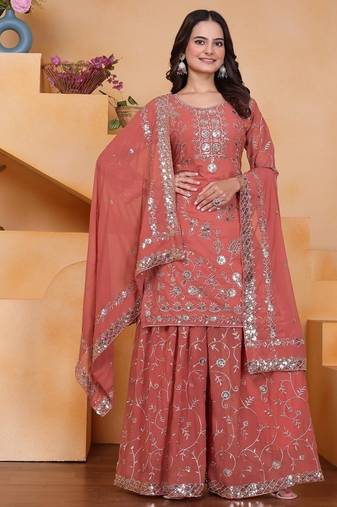 Peach color faux georgette embroidery work wedding wear plazo set