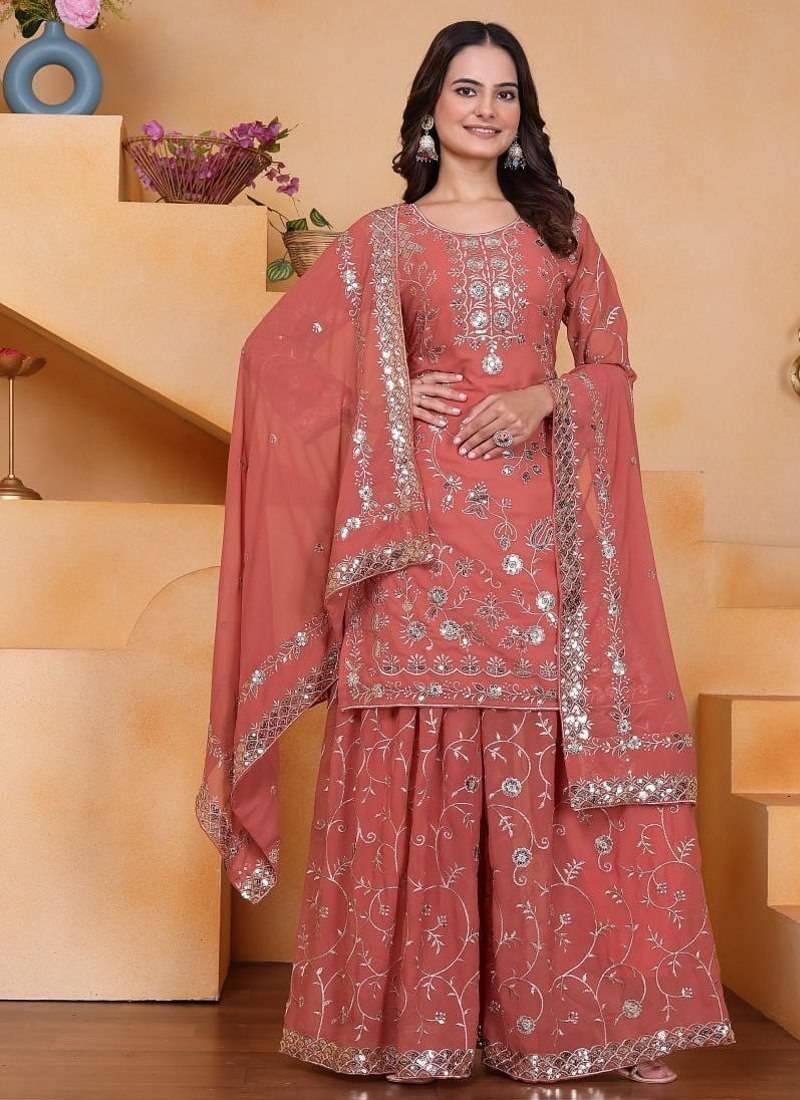 Peach color faux georgette embroidery work wedding wear plazo set