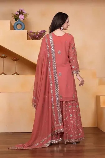 Peach color faux georgette embroidery work wedding wear plazo set