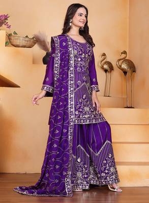 Purple color chinnon silk embroidery work wedding wear plazo set 2