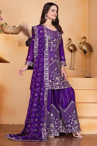 Purple color chinnon silk embroidery work wedding wear plazo set